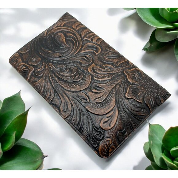 Vintage Embossed Vinyl Business and Credit Card Holder Floral Pattern Brown - Picture 1 of 7